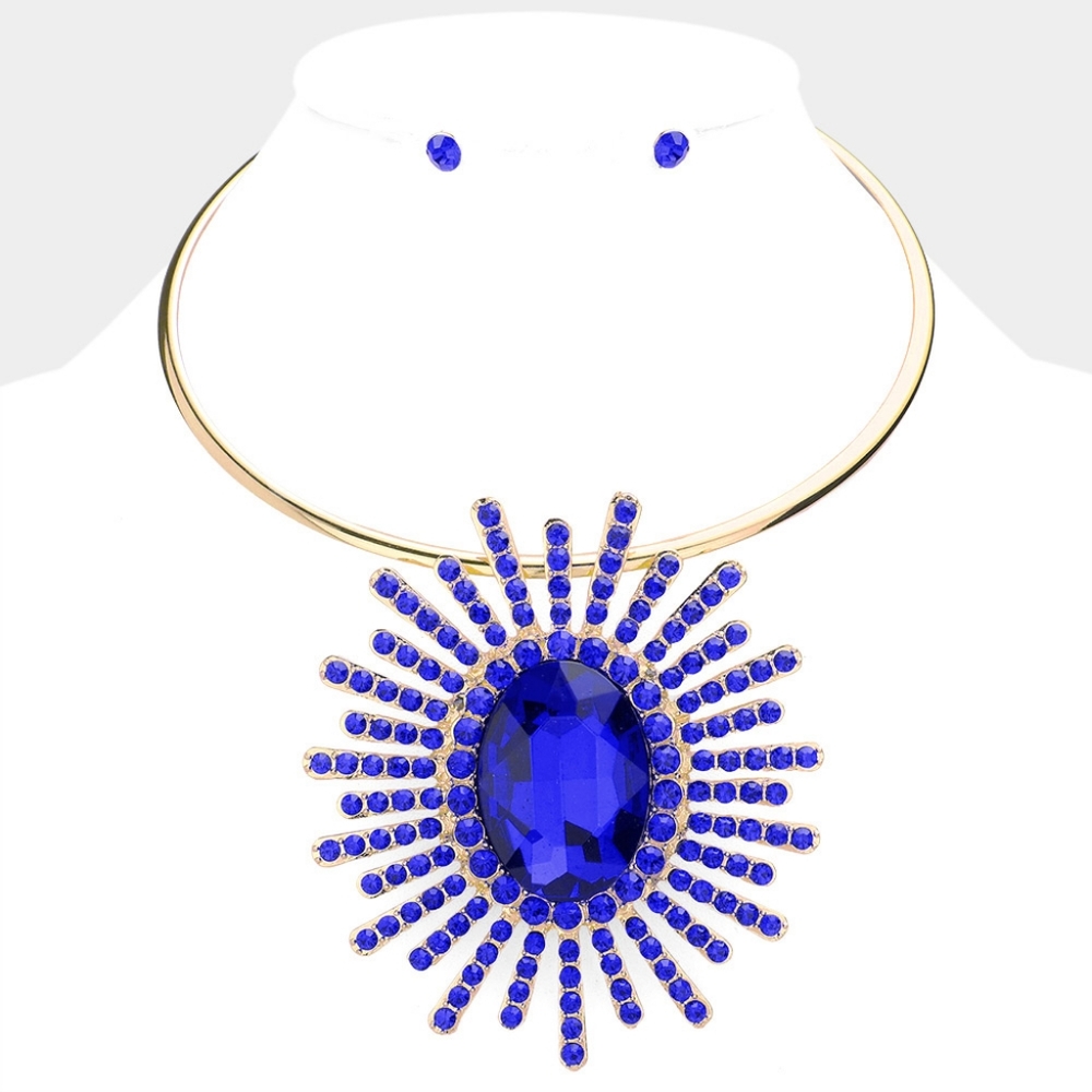 Blue Oval Sunburst Pendant Choker Necklace Abstract Statement Crystal Set